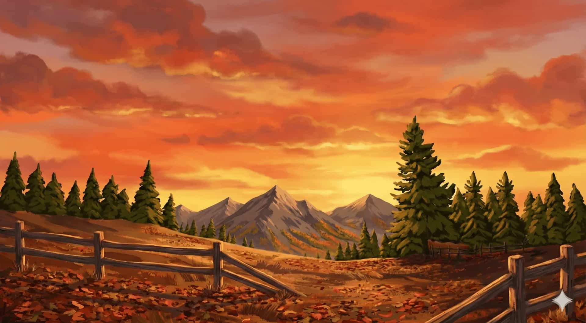 Berglandskap i solnedgång med ett trästaket i förgrunden, granar och en färgstark, orange himmel
