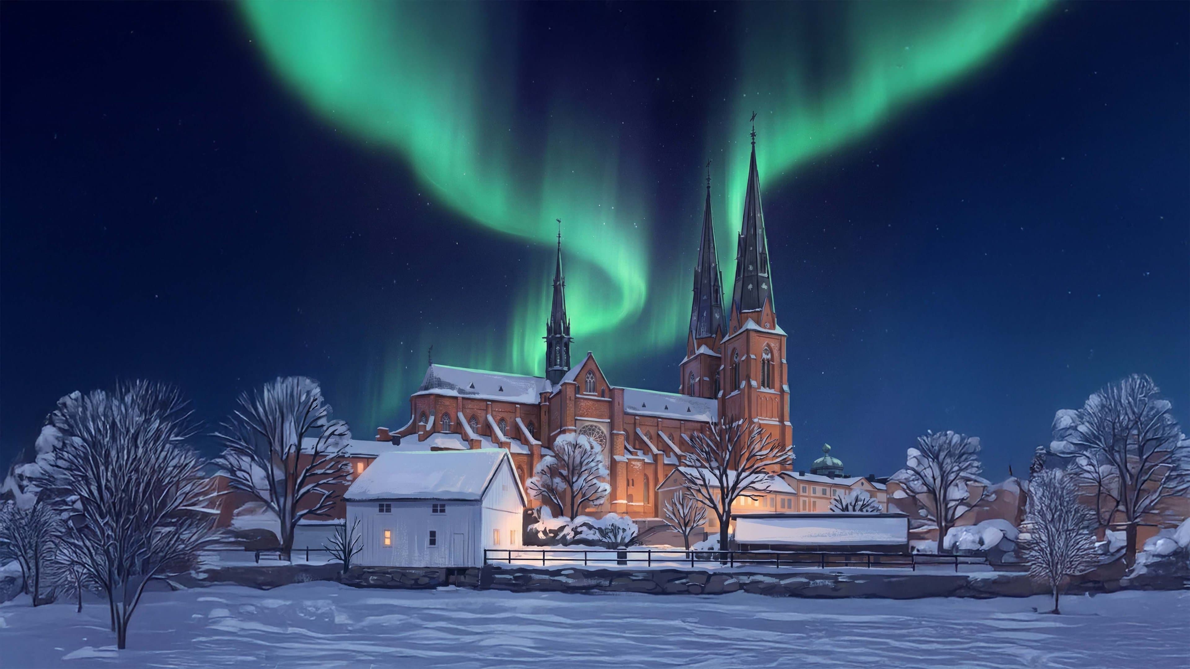 Domkyrka, hus och snölandskap under norrsken