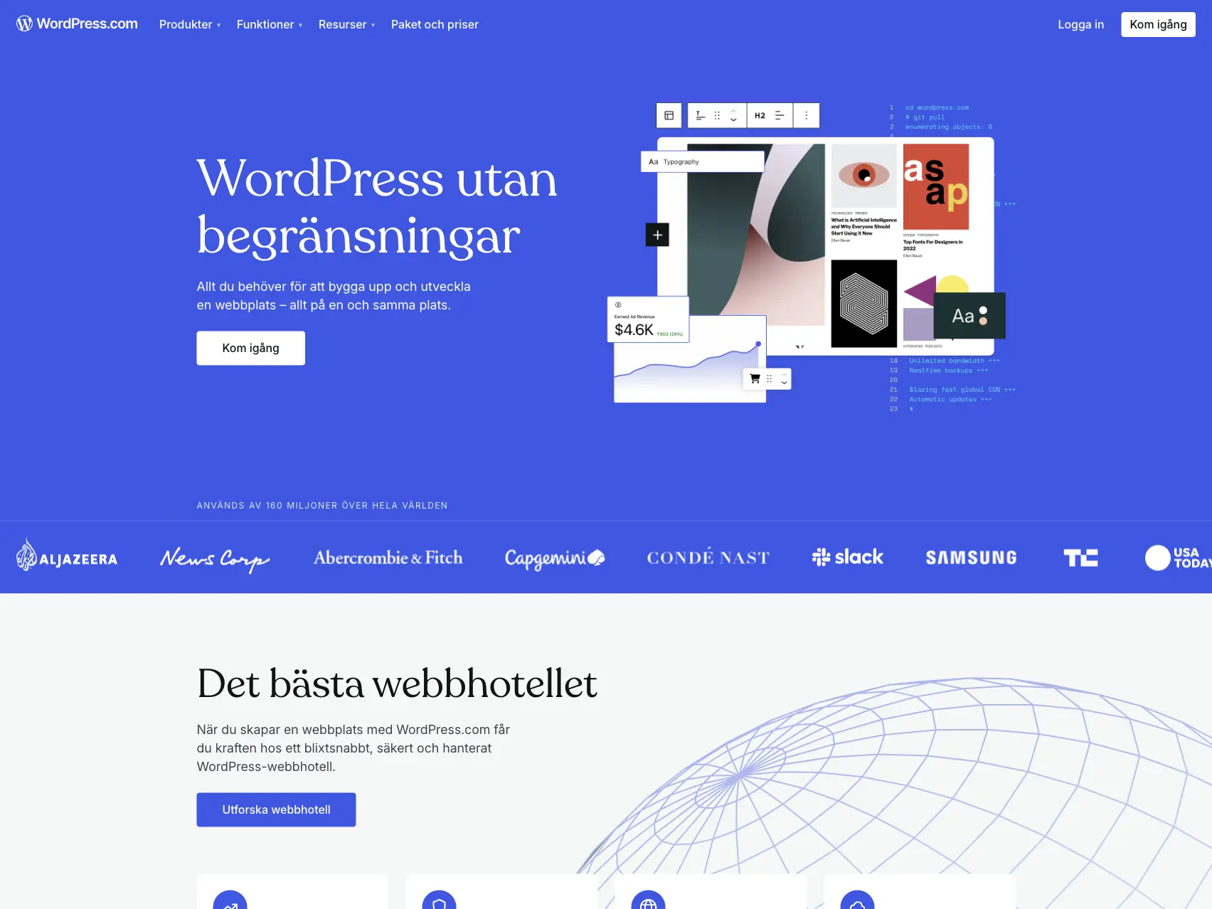Webbsida för Wordpress.com med text, illustrationer och företagsloggor